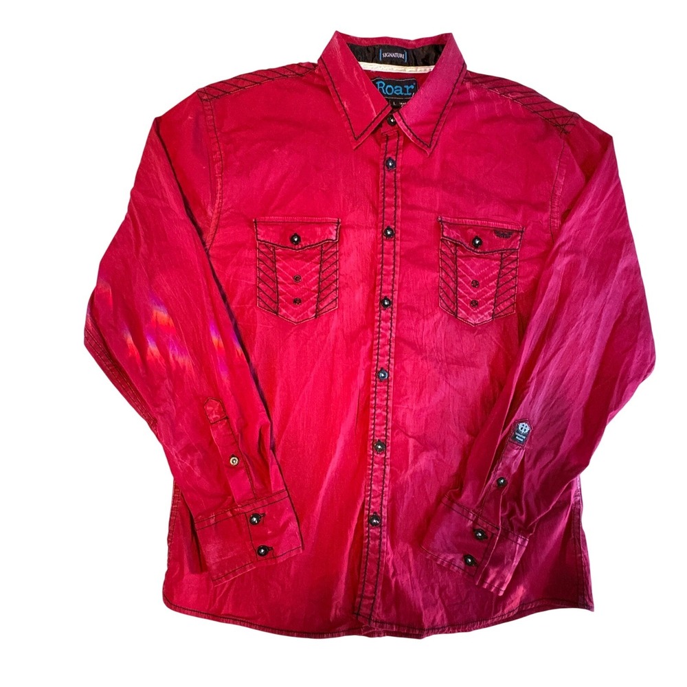 Roar Mens Red‎ Long Sleeve Button Down Shirt Embroidered Size L